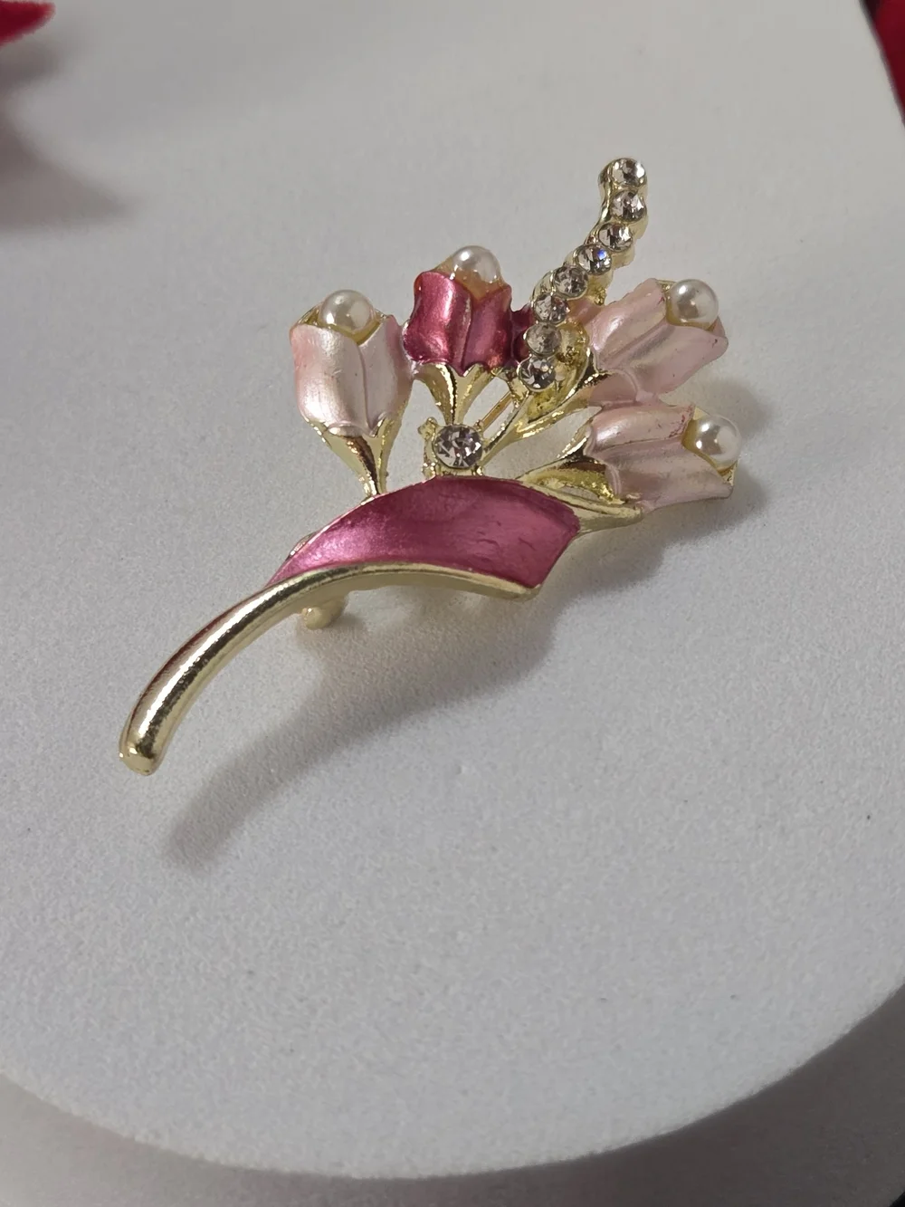 Pink Tulip Bouquet Brooch Pearl Crystal Gold Floral Coquette Pin Garden Chic